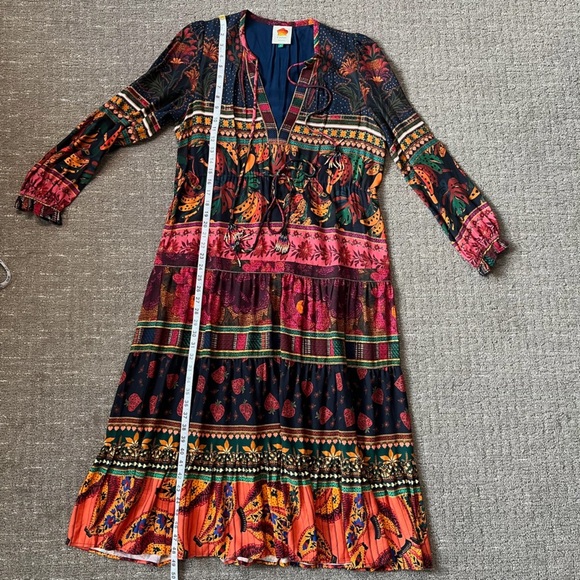 FARM Rio Mixed Patchwork Midi Dress Long Sleeve Tie Neck Size Small - Picture 5 of 10